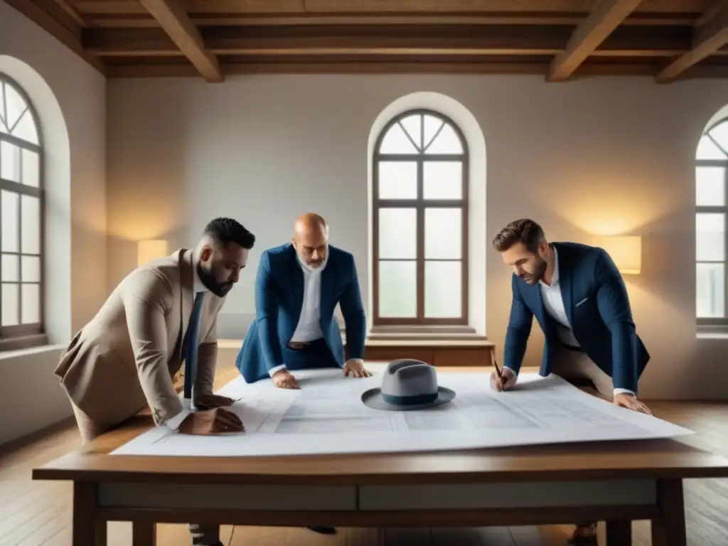 Restauración histórica: Equipo de arquitectos y ingenieros diseñando juntos Equipo de arquitectos y ingenieros restaurando un edificio histórico en oficina moderna