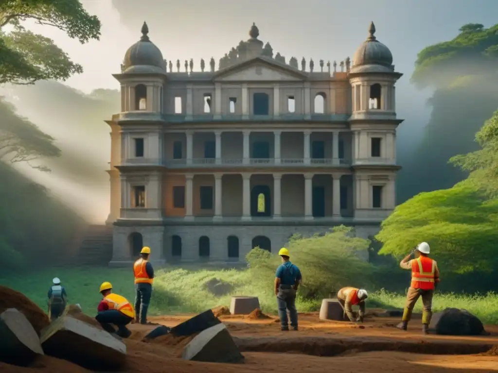 Restauración meticulosa de edificio histórico en entorno natural Equipo de arquitectos y ingenieros restaurando edificio histórico en área natural protegida, respetando permisos