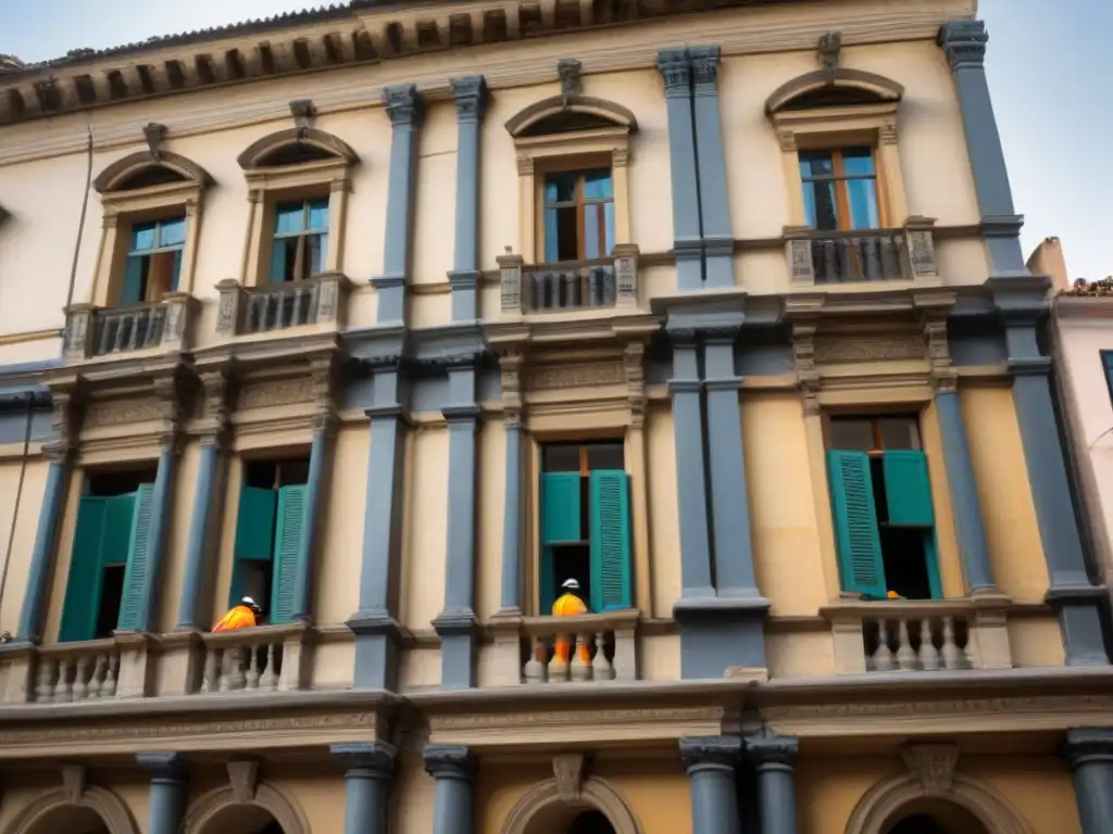 Restauración sísmica: pasado preservado, futuro protegido Equipo de arquitectos y ingenieros restaurando fachada antigua con técnicas sísmicas innovadoras
