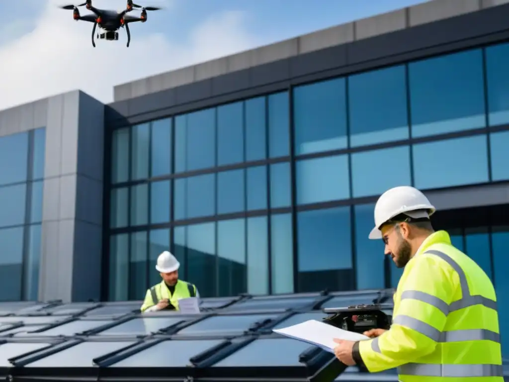 Inspección profesional de edificio moderno con drones y tecnología 3D Equipo de arquitectos e ingenieros realizando inspección técnica de edificio moderno