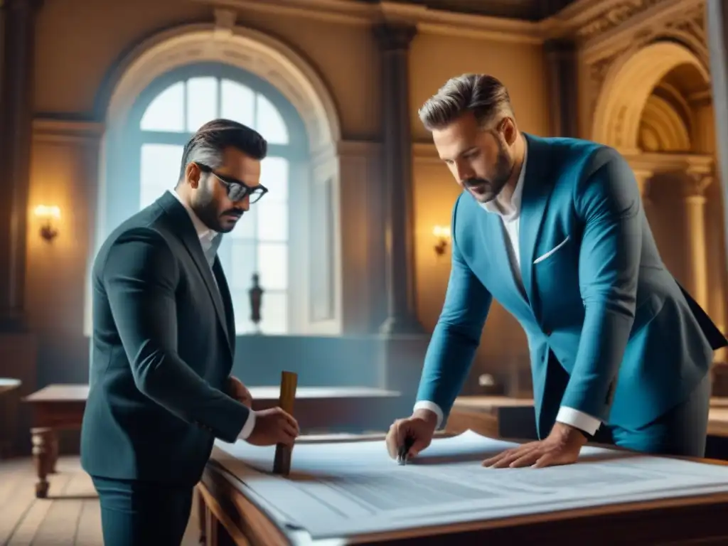 Equipo de arquitectos y ingenieros restaurando un edificio histórico con precisión y dedicación Equipo de arquitectos y ingenieros restaurando con meticulosidad una edificación histórica, mostrando profesionalismo y dedicación