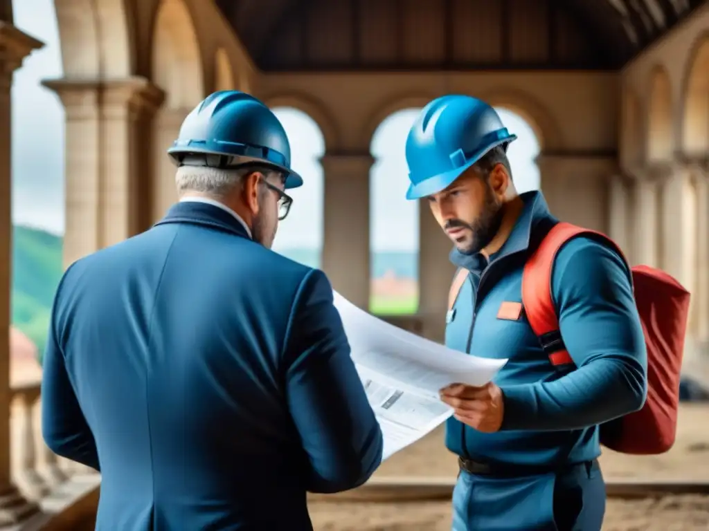 Equipo de arquitectos y ingenieros restaurando propiedad histórica Equipo de arquitectos y ingenieros en moderno equipo de seguridad planificando la restauración de una propiedad histórica