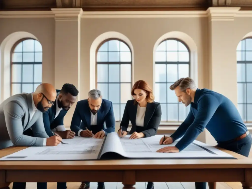 Equipo de arquitectos y ingenieros restaurando edificio histórico Equipo de arquitectos y ingenieros analizando planos para la adaptación de un edificio histórico