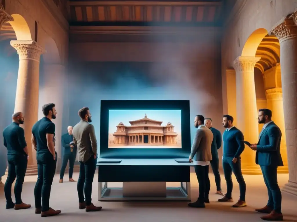 Equipo de expertos restaura edificio antiguo con tecnología 3D Un equipo de arquitectos y ingenieros utilizando tecnología avanzada para restaurar una antigua propiedad