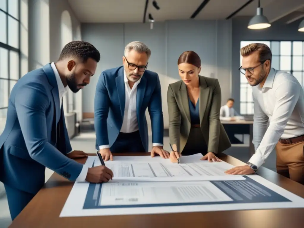 Equipo de arquitectos revisando normativas para restauración histórica inmobiliaria con dedicación en moderna oficina luminosa