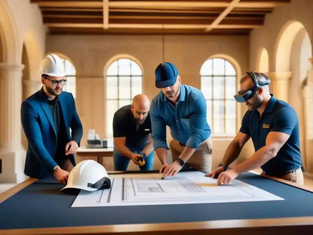 Restauración histórica: arquitectura e innovación en acción Un equipo de arquitectos y obreros restaurando un edificio histórico con tecnología, en una sala iluminada