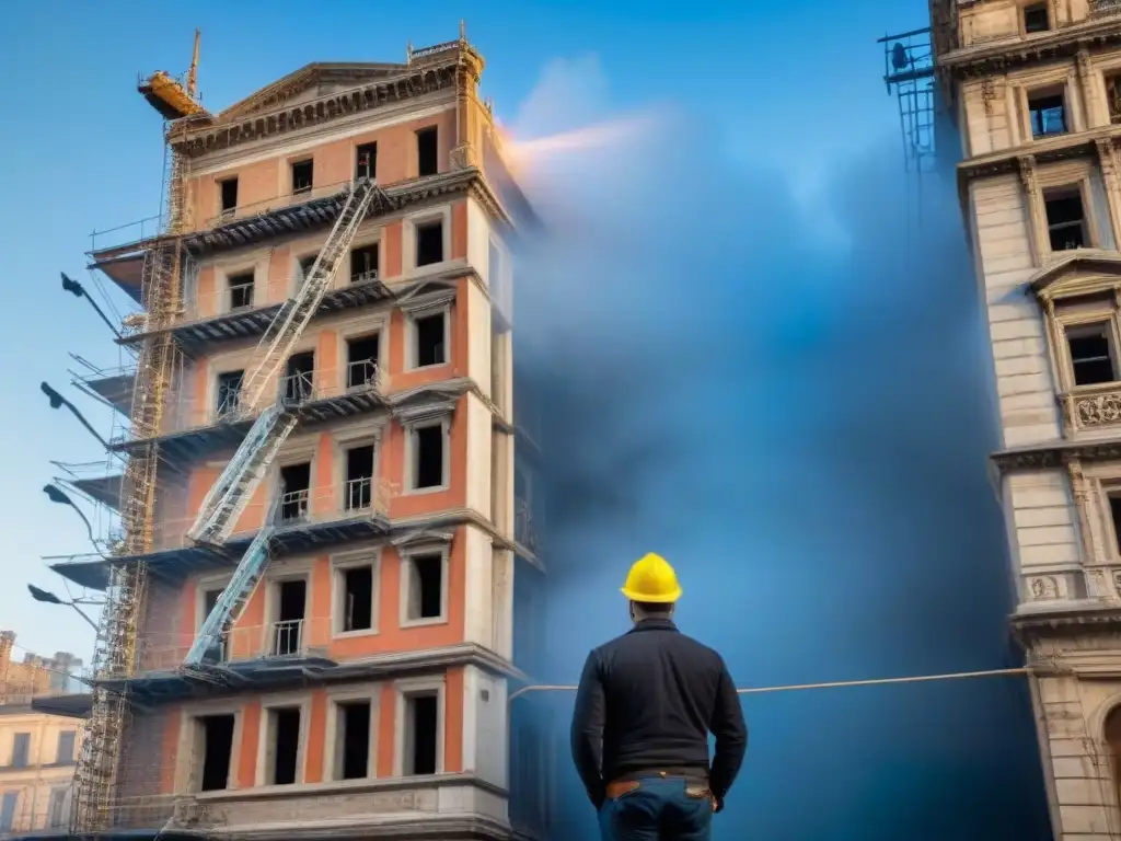 Restauración de edificio histórico: fusión de tradición y tecnología Equipo de arquitectos y obreros restaurando edificio histórico, resaltando la conservación patrimonial en eventos culturales
