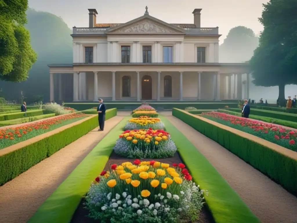 Restauración profesional de jardín histórico por arquitectos paisajistas Equipo de arquitectos paisajistas restaurando jardín histórico rodeado de naturaleza exuberante y flores vibrantes