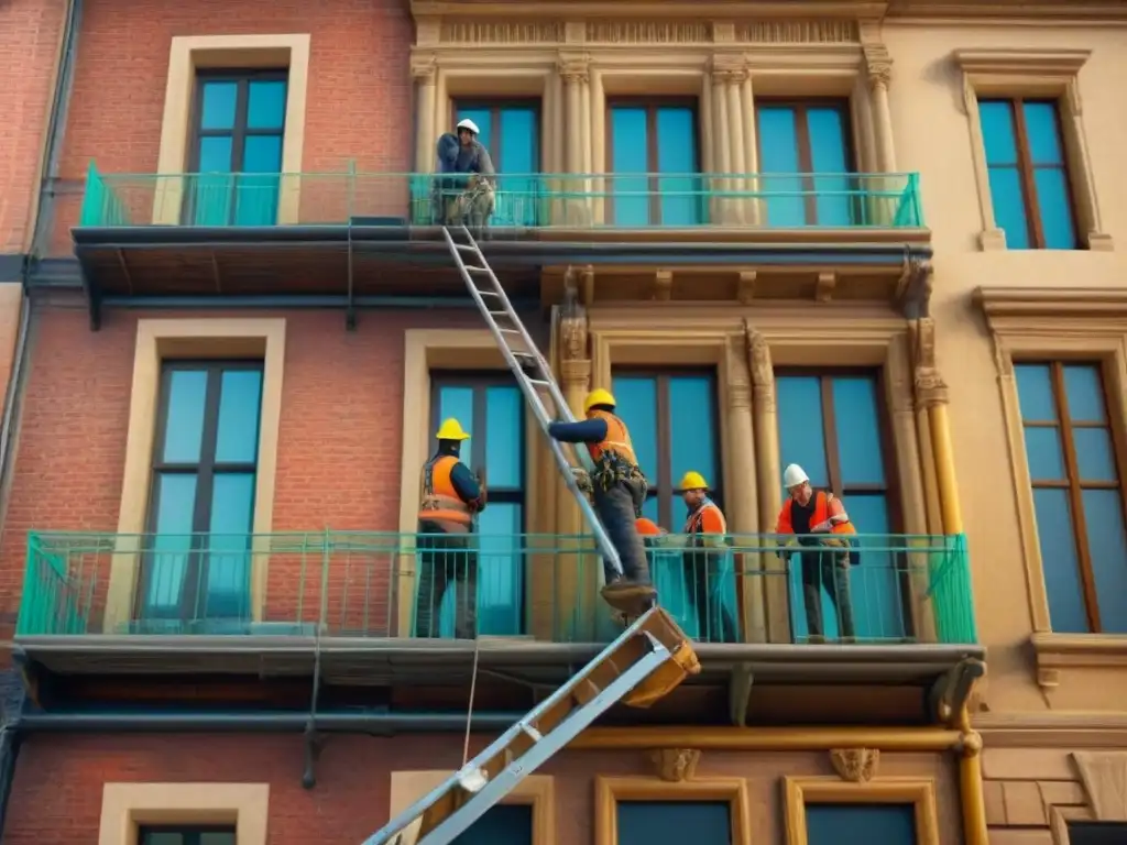 Restauración detallada de fachada histórica por expertos en arquitectura Equipo de arquitectos y profesionales restaurando fachada histórica con herramientas de preservación
