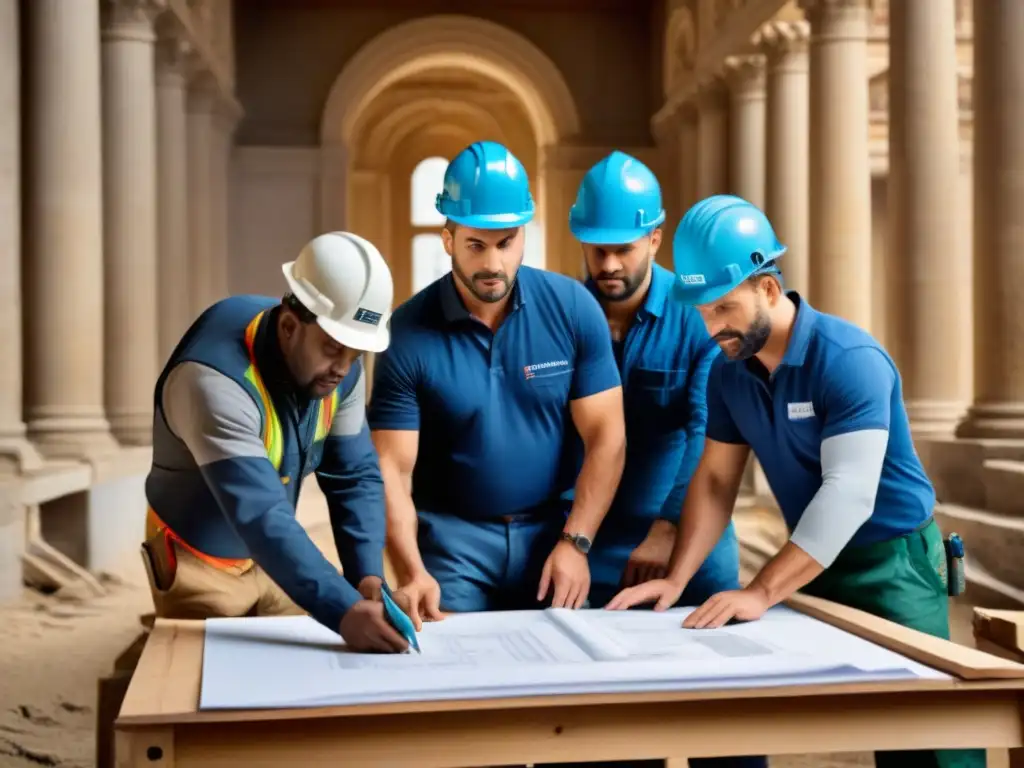 Restauración arquitectónica: Tradición y modernidad en acción Equipo de arquitectos y trabajadores restaurando edificio histórico con subvenciones para restauración inmobiliaria
