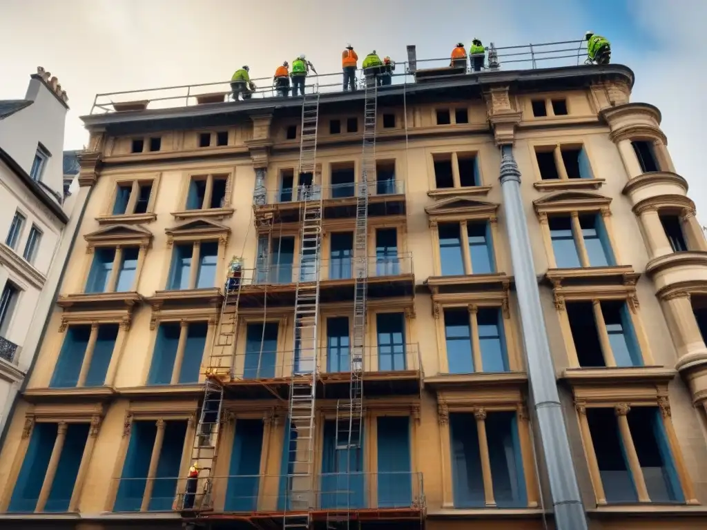 Restauración experta de edificio histórico con detalle Un equipo de arquitectos y trabajadores restaurando con precisión una fachada histórica