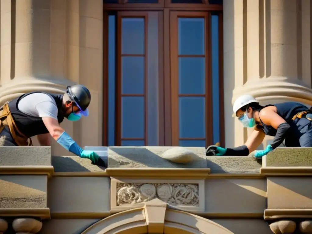 Restauradores de fachadas: fusionando tradición y modernidad Equipo de conservadores restaurando fachada antigua con técnicas de preservación edificaciones históricas
