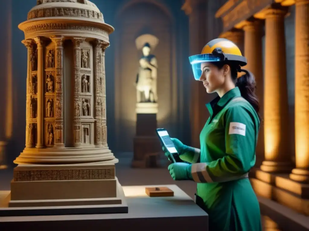 Restauración monumental: fusión de historia y tecnología Equipo de conservadores restaurando monumento histórico con técnicas modernas y tradicionales