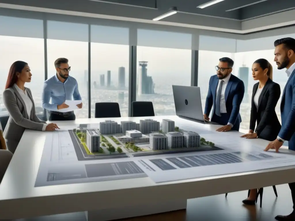 Profesionales de la construcción en CDMX revisan planos en detalle Equipo de construcción en Ciudad de México revisando normativas y multas de edificación en oficina moderna