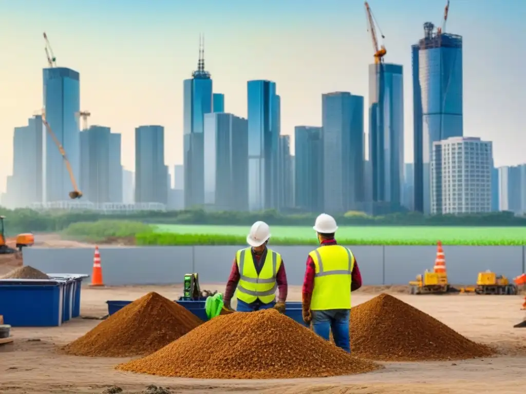 Reciclaje en obra: trabajadores sostenibles en ciudad ecoamigable Equipo de construcción reciclando materiales en obra, promoviendo sostenibilidad en el mercado inmobiliario
