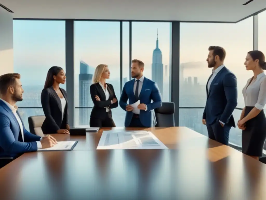 Equipo de profesionales en oficina moderna, estrategias inmobiliarias internacionales Equipo de consultoría especializada mercado inmobiliario internacional brainstorming en moderna oficina con vista panorámica ciudad