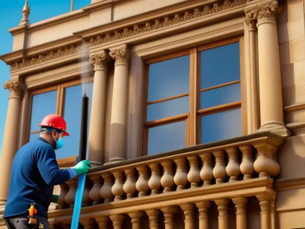 Restauración experta: cuidado moderno de edificios históricos Equipo de restauración cuidando detalles arquitectónicos en edificio histórico