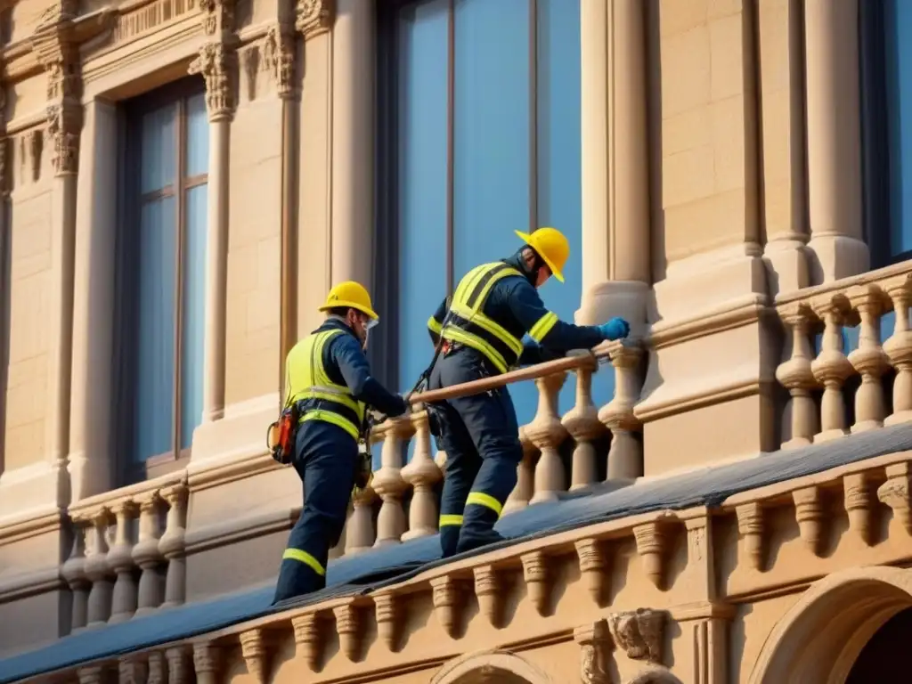 Restauración experta de fachadas: tradición y tecnología Equipo de restauración preservando detalles arquitectónicos en un edificio histórico