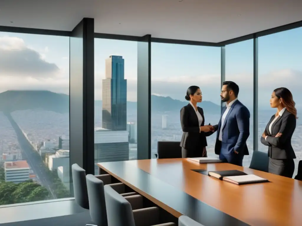 Oficina legal de alto nivel en CDMX: equipo diverso en discusión Equipo diverso de abogados en oficina moderna en CDMX; Normativas locales inmobiliarias México