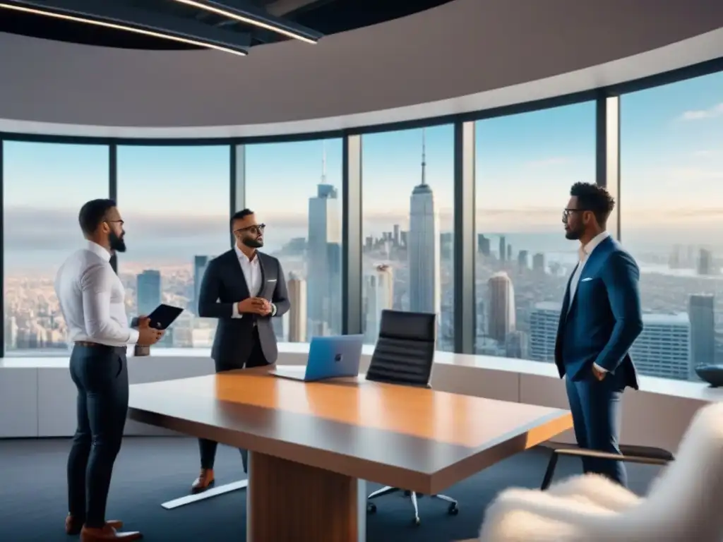 Oficina futurista de agentes inmobiliarios en acción Un equipo diverso de agentes inmobiliarios utiliza herramientas IA en una oficina moderna con vista a la ciudad