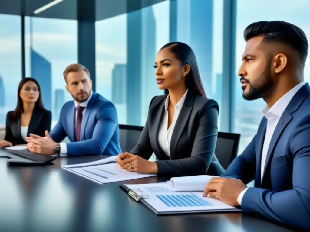 Reunión de análisis de riesgos en oficina moderna Un equipo diverso realiza un análisis de riesgos en inversiones inmobiliarias en una moderna oficina con vista a la ciudad