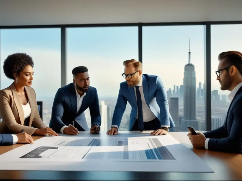 Equipo de arquitectos innovando en la construcción de rascacielos Equipo diverso de arquitectos y desarrolladores colaborando en moderno rascacielos, con vistas a la ciudad