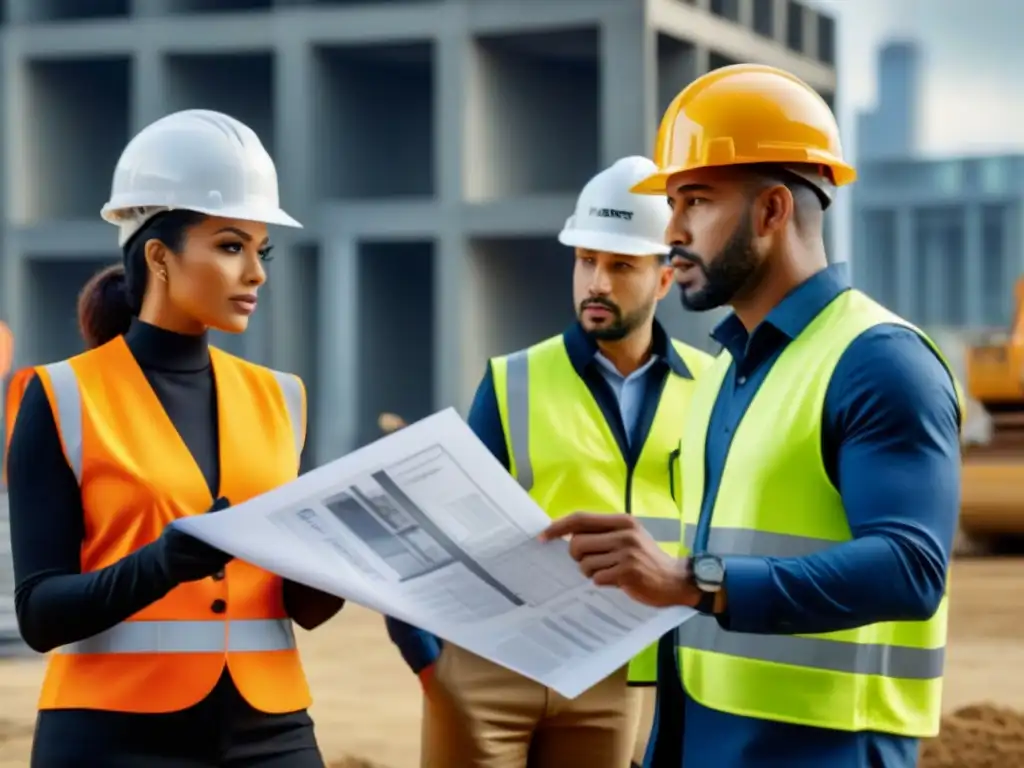 Equipo diverso de arquitectos y ingenieros en obra moderna Equipo diverso de arquitectos y ingenieros discuten planos en sitio de construcción moderno con edificio histórico al fondo
