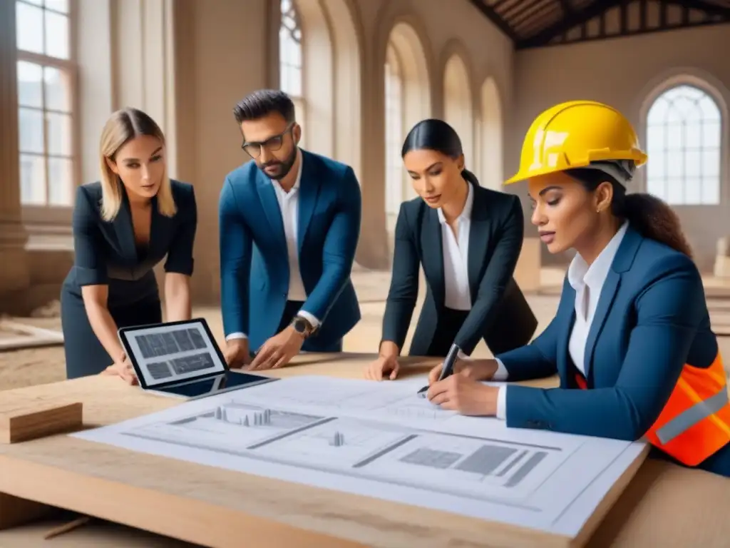 Equipo diverso restaura edificio histórico con tecnología sostenible Un equipo diverso de arquitectos y ingenieros gestiona residuos en la restauración de un edificio histórico