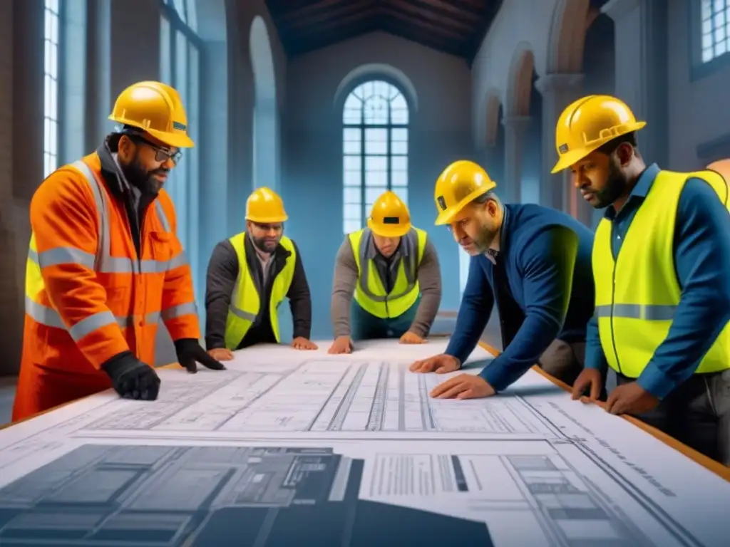 Equipo diverso de arquitectos y obreros restaurando edificio histórico Equipo diverso de arquitectos y obreros revisando permisos legales para proyecto de restauración, evitando errores