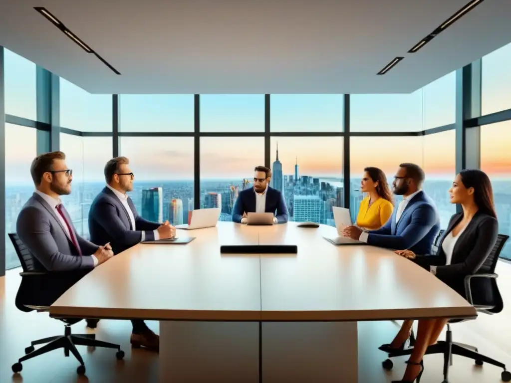 Consejeros inmobiliarios innovadores en reunión de alta tecnología Un equipo diverso de asesores inmobiliarios en plataformas online discutiendo en una oficina moderna y tecnológica