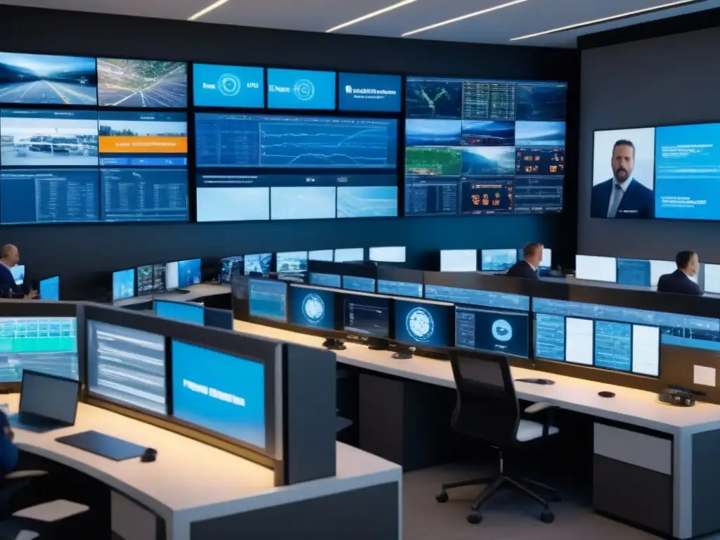 Centro de control de emergencias de última generación en espacio comercial Equipo diverso en centro de control de emergencias en espacio comercial, practicando mejores prácticas seguridad