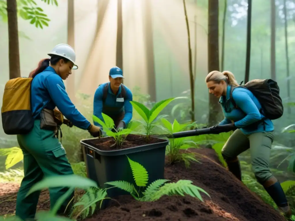 Equipo de conservacionistas restaurando bosque: acción y dedicación Un equipo diverso de conservacionistas restaurando un bosque con herramientas modernas, bajo la luz del sol