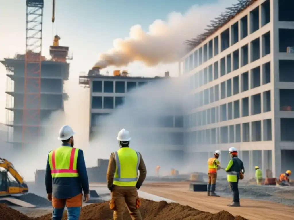 Construcción sostenible: equipo diverso en obra ecoamigable Equipo diverso en construcción sostenible con reciclaje y tecnologías verdes