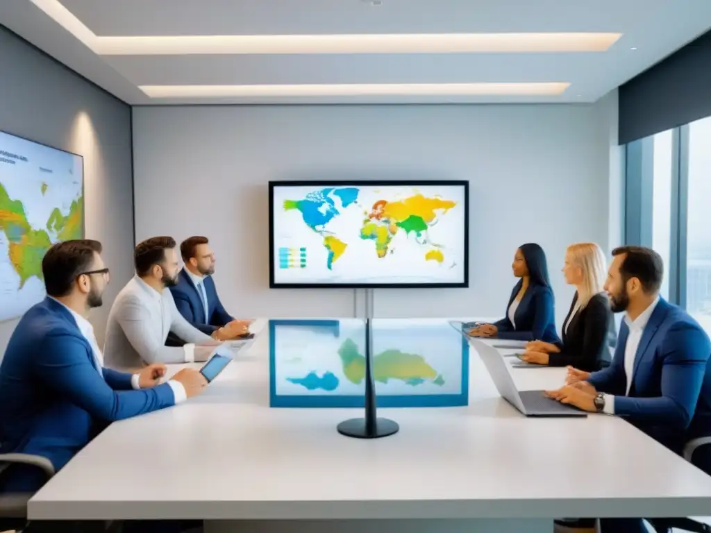 Consultores inmobiliarios analizan tendencias globales en moderna oficina Un equipo diverso de consultores inmobiliarios especializados en un moderno despacho, analizando tendencias globales