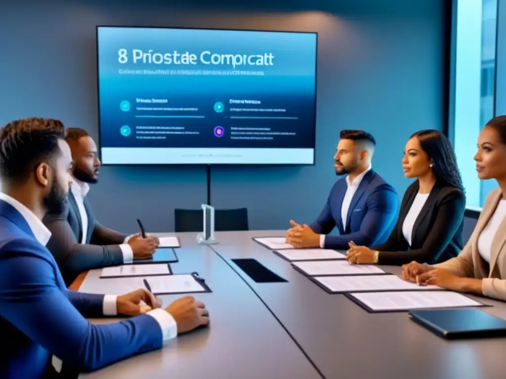 Un equipo diverso discute y redacta un contrato inmobiliario en una sala moderna