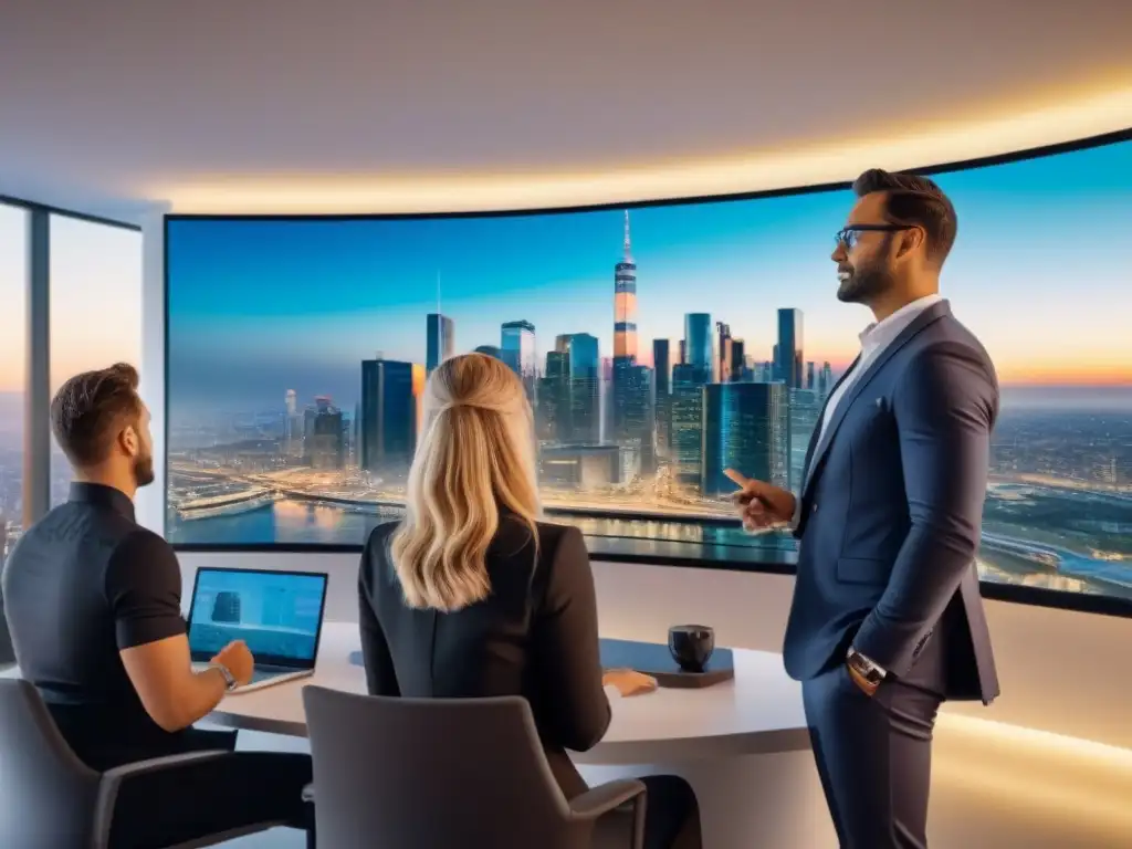 Inversión inmobiliaria: expertos colaboran en oficina moderna Equipo diverso analizando datos de crowdfunding inmobiliario en oficina moderna