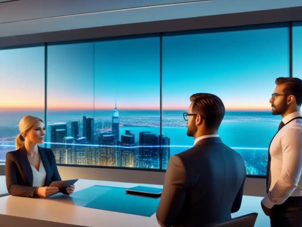 Profesionales analizan gráficos financieros en oficina futurista Un equipo diverso analiza datos financieros en una oficina moderna con vista panorámica a la ciudad