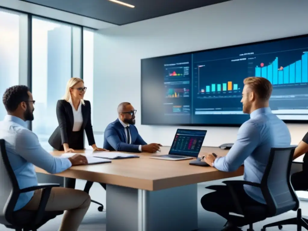 Profesionales en oficina moderna analizan inversiones sostenibles Un equipo diverso analiza datos de inversiones sostenibles en una oficina moderna