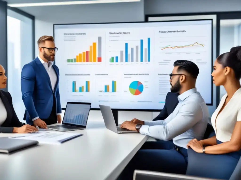 Equipo diverso haciendo análisis SWOT en oficina moderna Un equipo diverso analiza datos para inversiones inmobiliarias con gráficas y laptops en oficina moderna