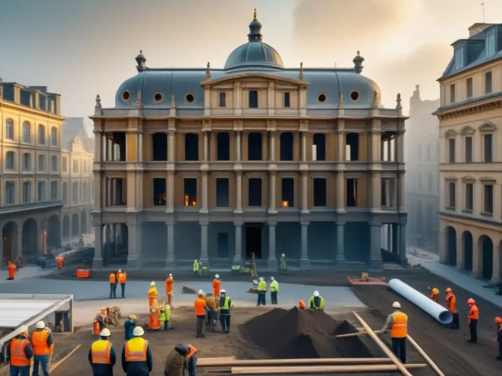 Restauración sostenible: equipo diverso transformando edificio histórico Equipo diverso rehabilitando edificio antiguo hacia estrategia sostenible