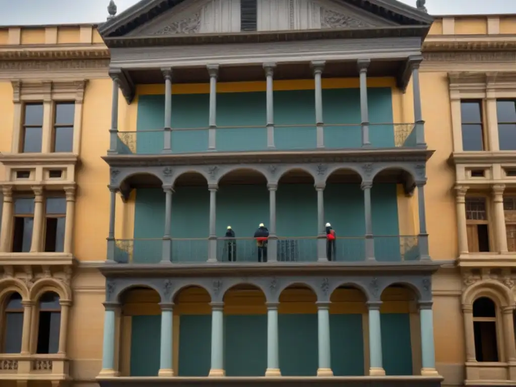 Restauración histórica: equipo diverso preservando detalles arquitectónicos con tecnología moderna y técnicas tradicionales Equipo diverso restaurando edificio histórico con subvenciones, combinando técnicas tradicionales y tecnología moderna