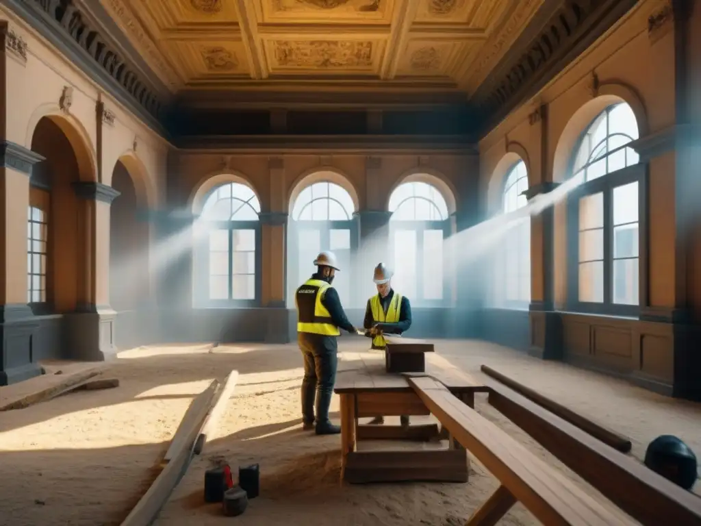 Restauración sostenible de edificio histórico: tradición y tecnología Equipo diverso restaurando edificio histórico con tecnología avanzada
