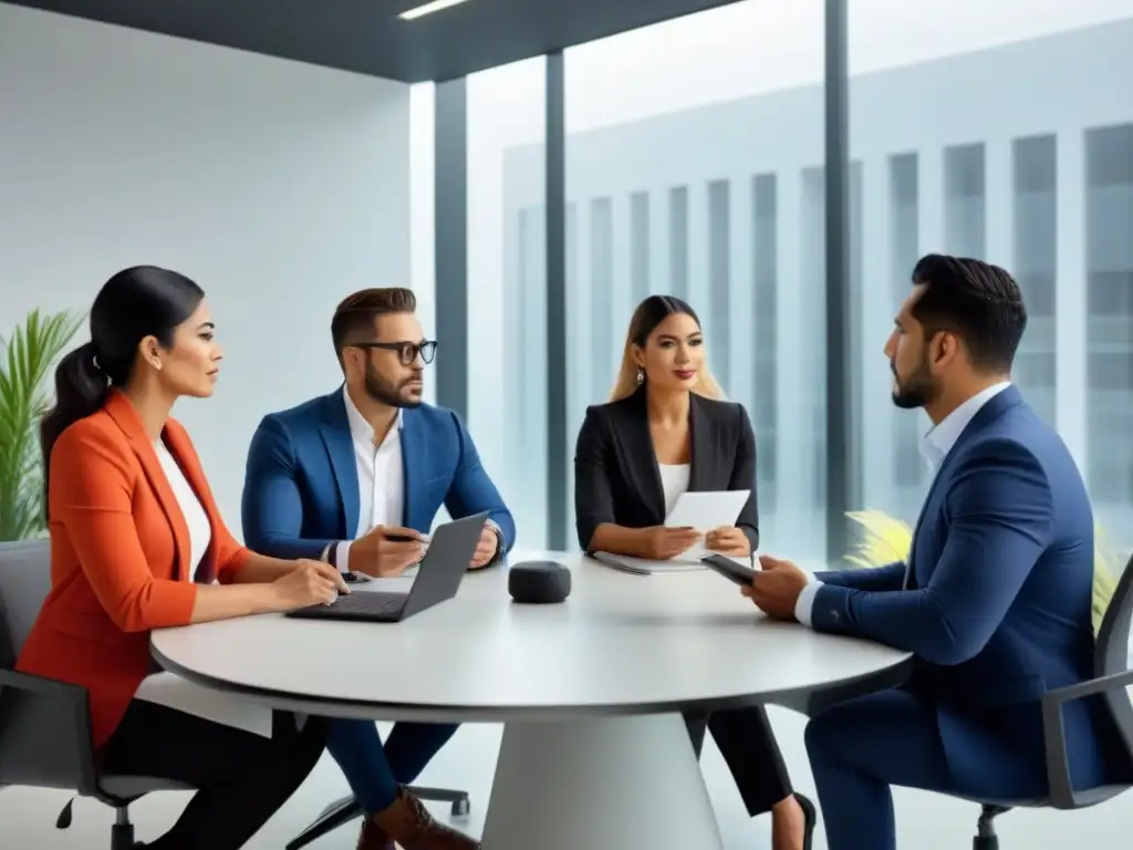 Profesionales diversificados en reunión de inversión inmobiliaria en México Equipo diverso discutiendo estrategias de inversión inmobiliaria en México en una oficina moderna y colaborativa