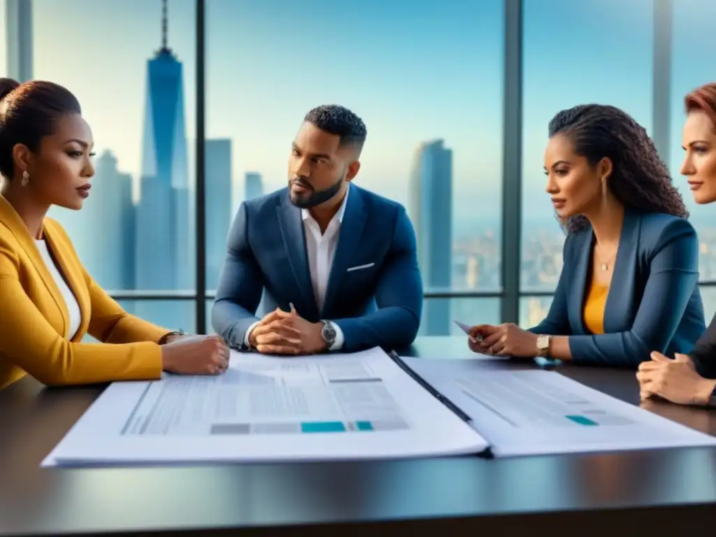 Reunión estratégica de profesionales en inversión inmobiliaria Un equipo diverso planea estrategias de inversión inmobiliaria en una moderna sala de juntas, reflejando colaboración y determinación