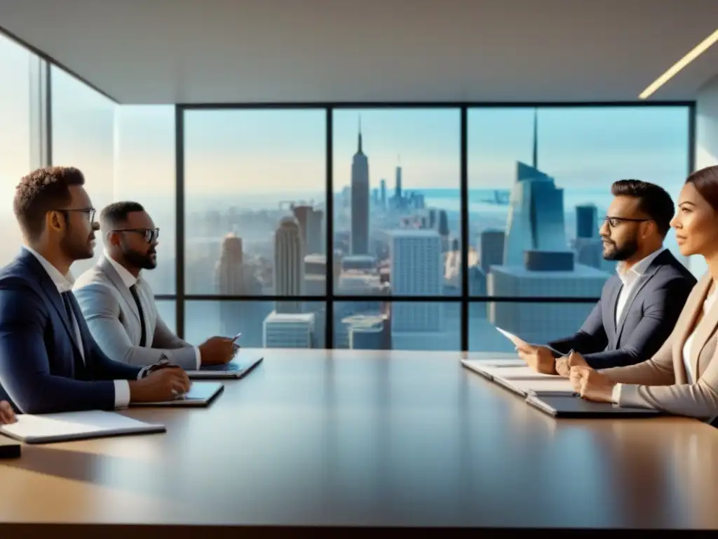 Profesionales innovadores en reunión estratégica en oficina moderna Equipo diverso discute estrategias en oficina moderna con vista a la ciudad