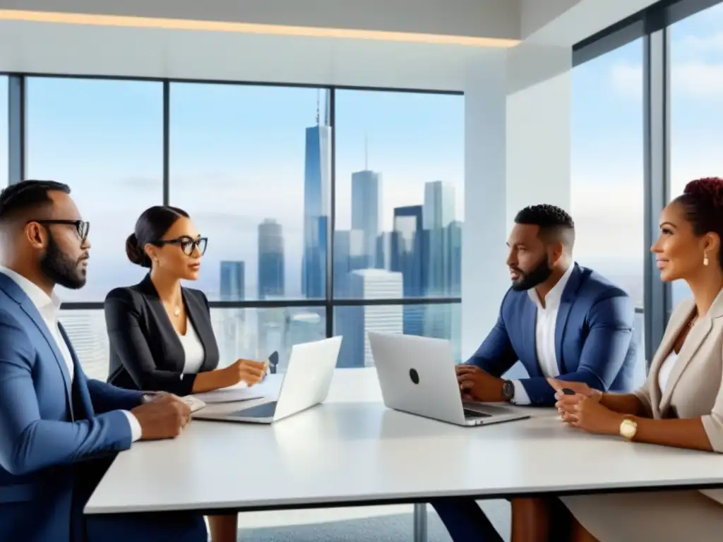 Profesionales diversificados discuten estrategias de inversión inmobiliaria en moderna oficina con vista a la ciudad Equipo diverso discutiendo estrategias para comprar propiedades en remate en una oficina luminosa con vista a la ciudad