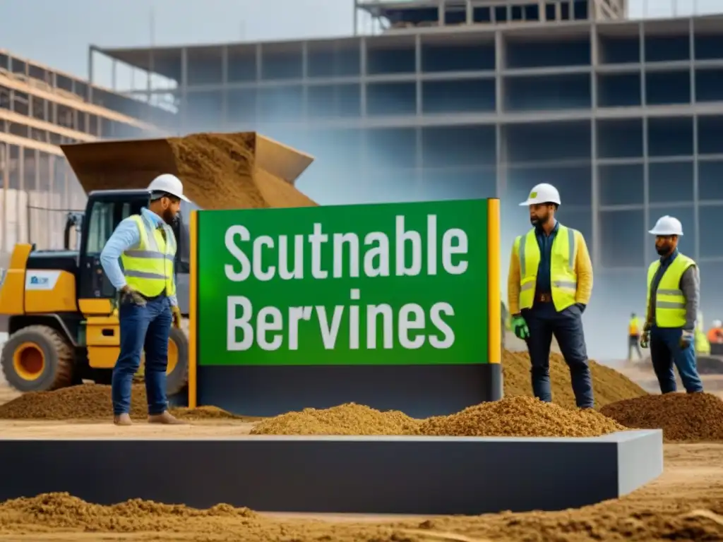 Construcción sostenible: equipo diverso implementa estrategias ecológicas Un equipo diverso implementa estrategias para reducir residuos en un sitio de construcción moderno y sostenible