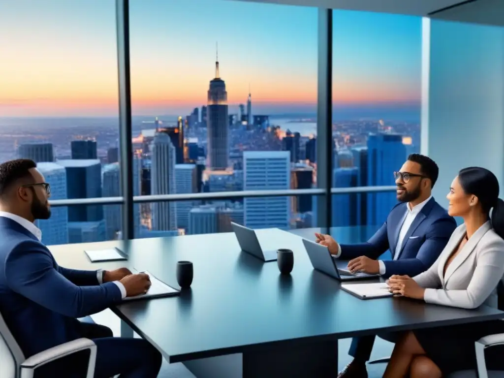 Profesionales debatiendo estrategias de inversión inmobiliaria en moderna oficina de alto standing Equipo diverso discute estrategias para minimizar riesgo inversión inmobiliaria en moderna oficina con vista nocturna de la ciudad