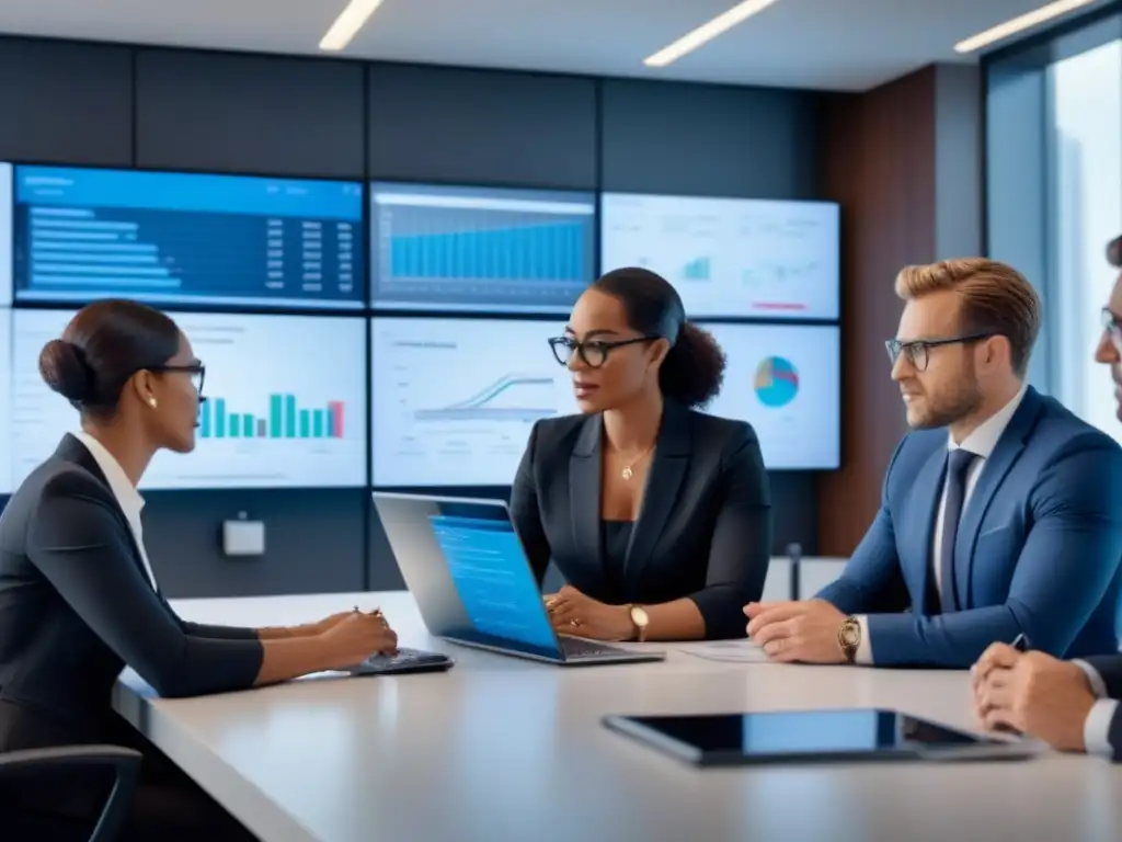 Equipo de expertos financieros analizando datos en moderna oficina Equipo diverso de expertos financieros colaborando y analizando datos en una oficina moderna, mostrando gráficos y pantallas digitales