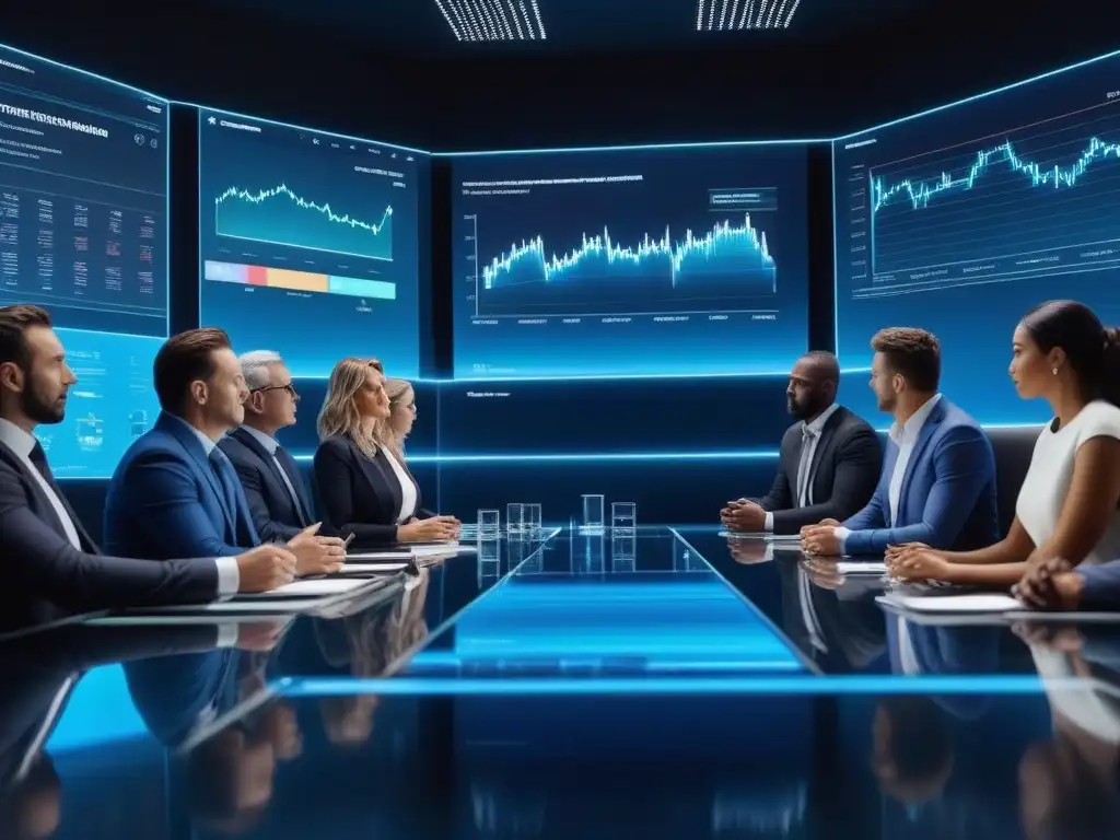 Equipo financiero experto en inversión inmobiliaria Un equipo diverso de expertos financieros discutiendo estrategias inversión inmobiliaria largo plazo en una sala futurista